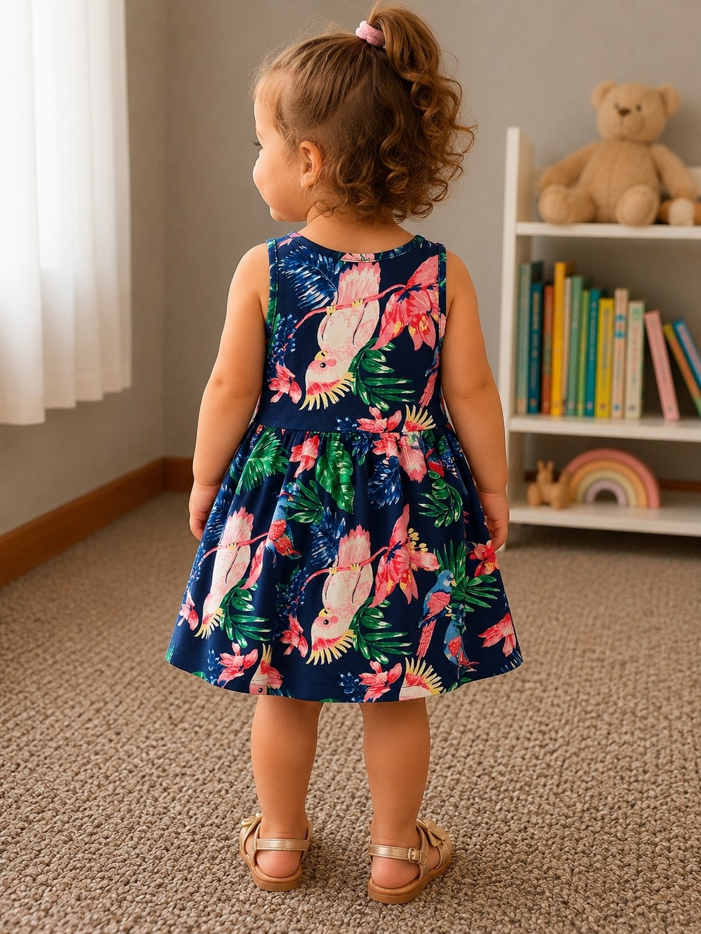 H&M Girls Navy Blue Tropical Cockatoo Parrot Floral Tank Dress 2-4T - Picture 5 of 5